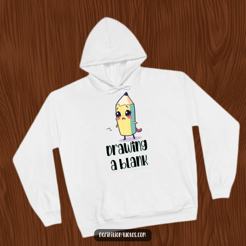 Funny hoodie showing a nervous pencil character drawing its own escape route, ideal for cozy, creative moments.