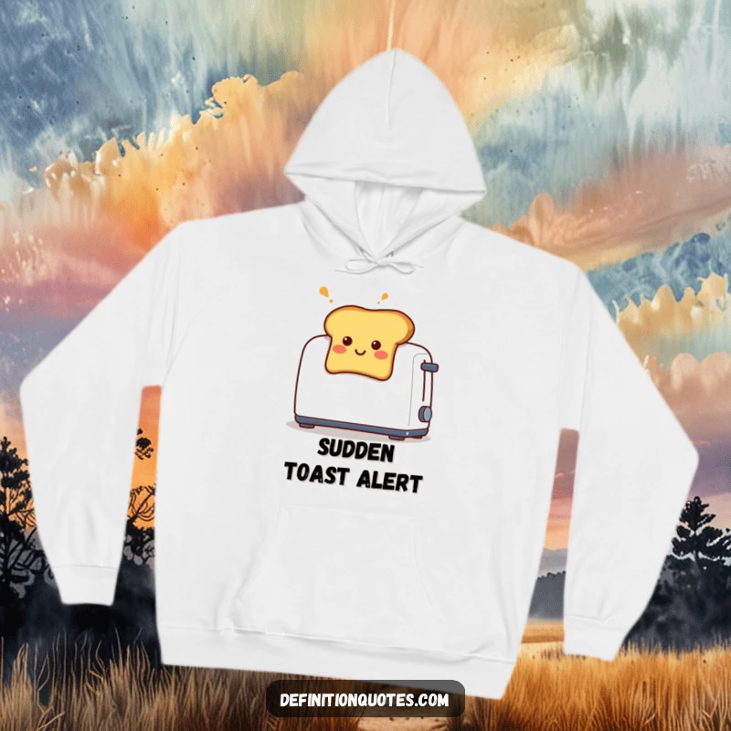 Funny hoodie illustration of a smiling toast piece with a surprised expression, popping out of a toaster.