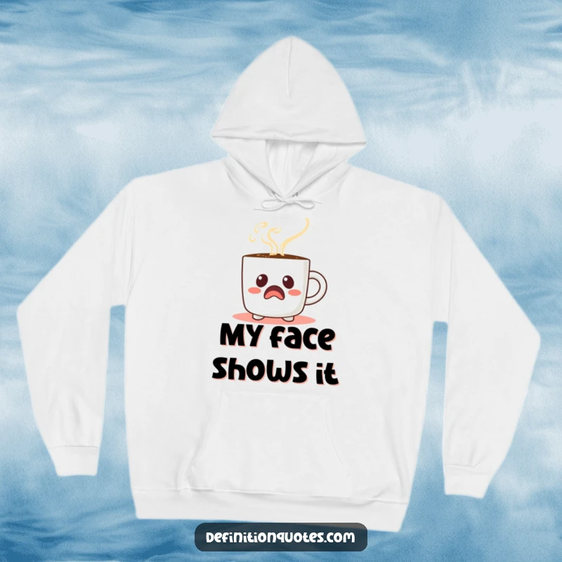 Funny Startled Coffee Mug Hoodie: A startled coffee mug character with steam forming a comical face, perfect for cozy laughs.