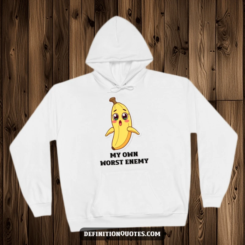 Funny hooded sweatshirt featuring a surprised banana character, eyes popping, as its peel slides.