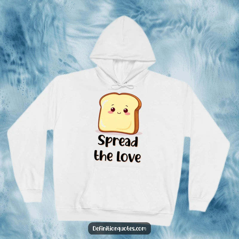 Funny toast character peeking from behind a giant butter pat on a cozy hoodie, adding a touch of breakfast charm.