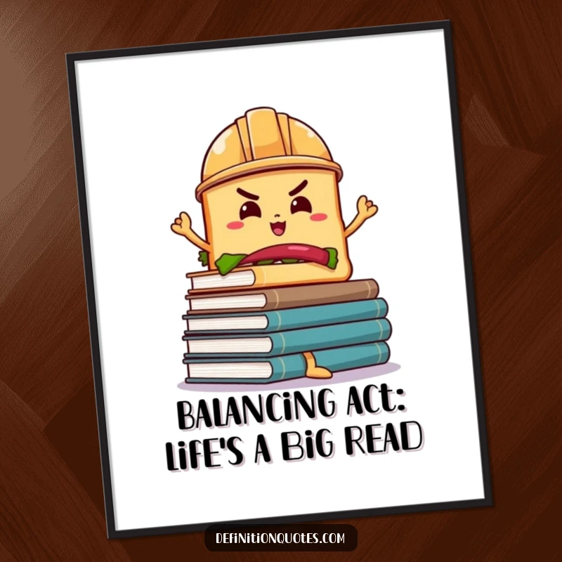 Funny Free Printable Wall Art: Determined sandwich in a hard hat balances a huge stack of wobbly books.