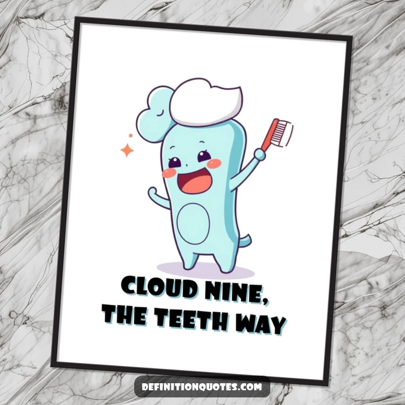 Funny Free Printable Kawaii toothbrush character enthusiastically brushing a fluffy cloud, whimsical wall art for a playful room.