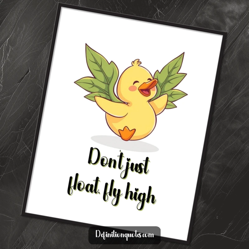 Funny Free Printable Wall Art: Gleeful rubber duck character, large mismatched leaf wings, attempting to fly, whimsical.