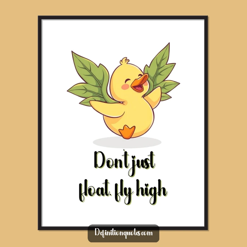 Free Printable Wall Art: Funny Rubber Duck Flying with Leaf Wings, Downloadable Humorous Decor