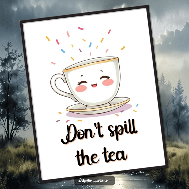Funny Free Printable Wall Art: Shy teacup character with rosy cheeks desperately tries to hide from a raining shower of confetti.