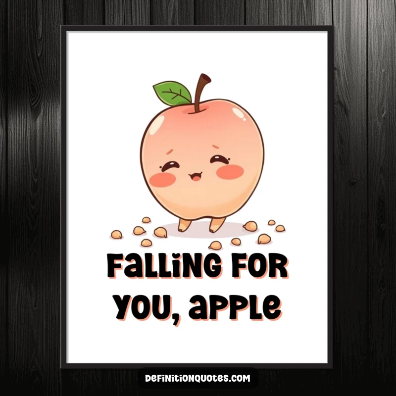Funny Free Printable Wall Art: Shy, blushing apple character tripping and scattering seeds. Whimsical and humorous printable decor.