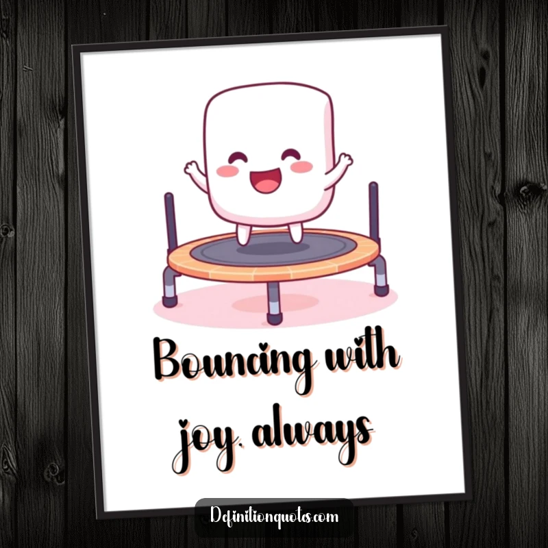 Funny Free Printable Wall Art showcasing a gleeful marshmallow mid-bounce on a tiny trampoline, adding playful energy.