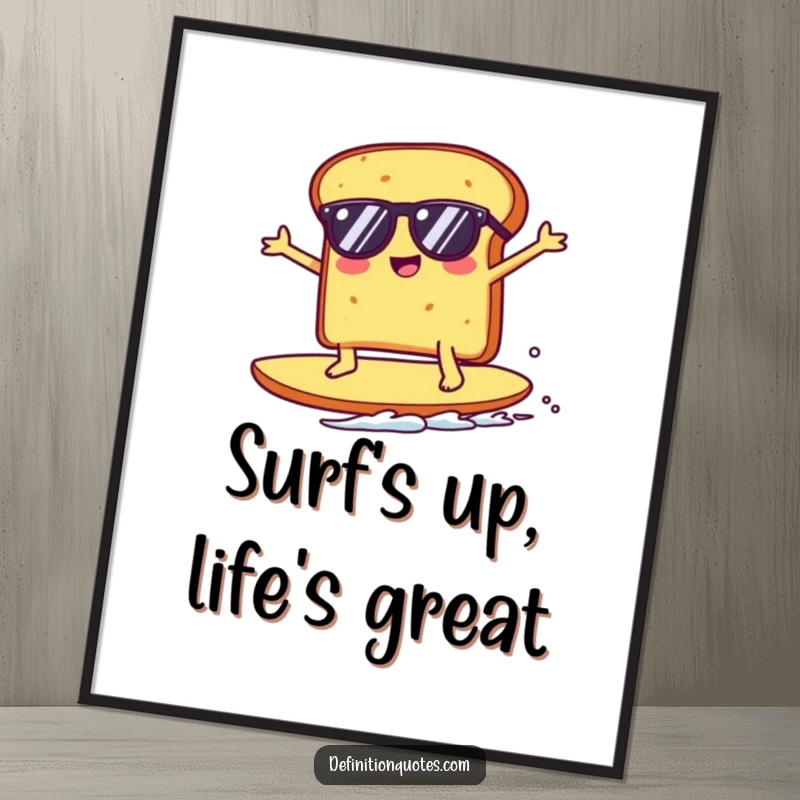Funny Free Printable Wall Art: A Kawaii toast character wearing sunglasses surfs a giant crumb with style.