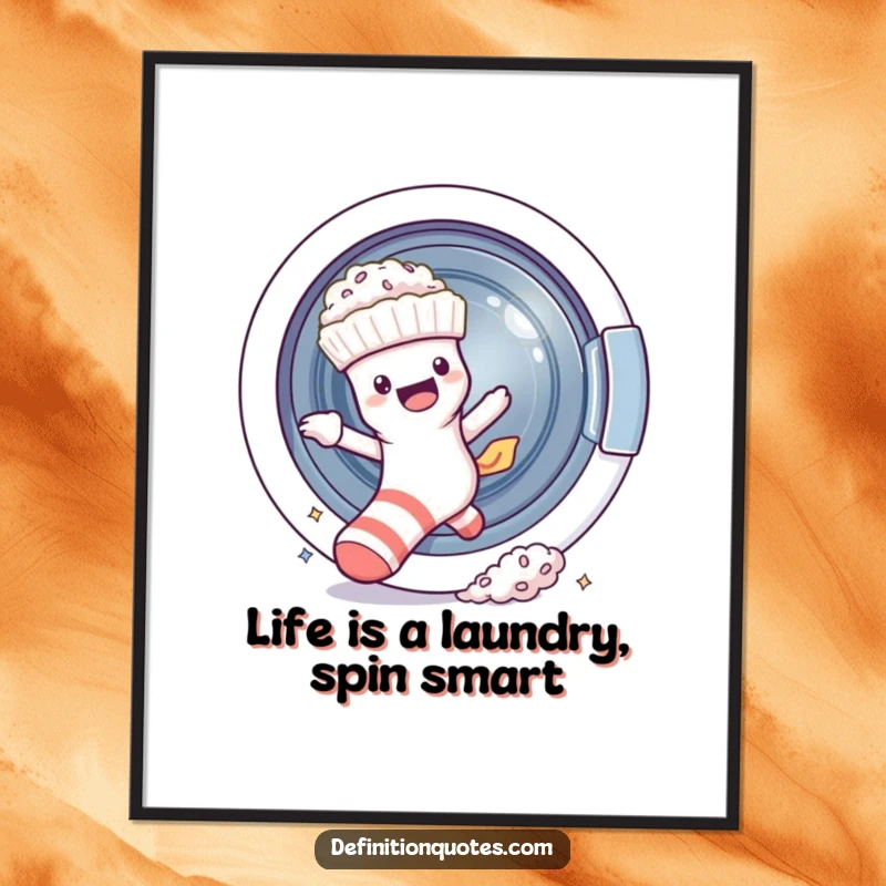 Funny Free Printable Wall Art: Mischievous sock character, spinning washing machine, trail of colorful fluff, laundry humor.