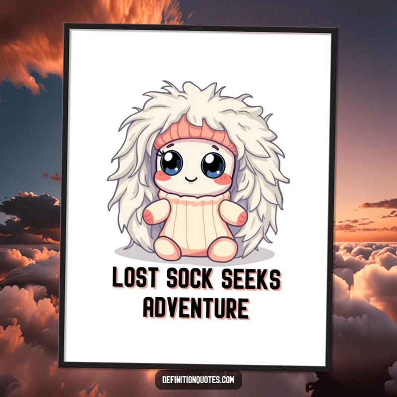 Funny Free Printable Wall Art: A Kawaii sock with googly eyes is comically battling a massive dryer lint monster.