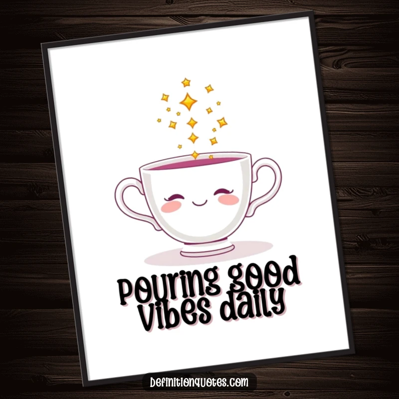 Funny Free Printable Wall Art of a smiling teacup pouring a stream of shiny, sparkling stars, perfect for whimsical decor.