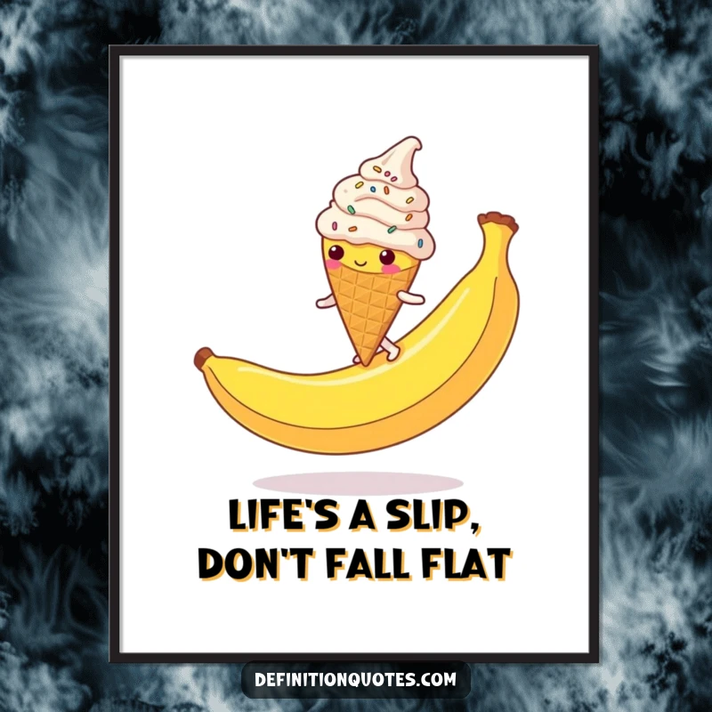 Funny Free Printable Wall Art: Clumsy ice cream cone covered in sprinkles slips on a giant banana peel.