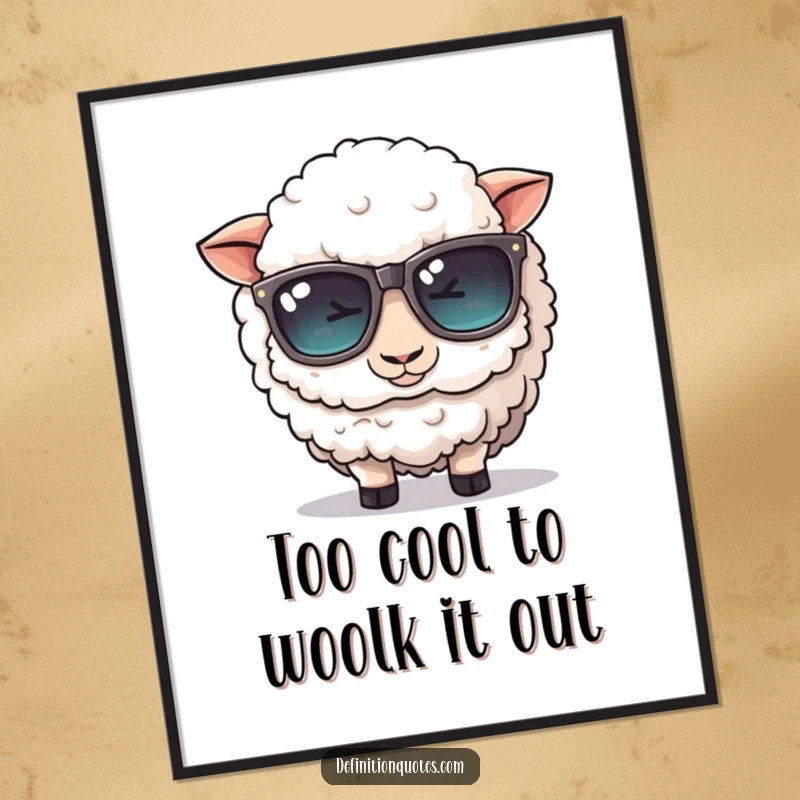 Funny Free Printable Wall Art shows a cute, fluffy sheep comically attempting to wear a pair of oversized sunglasses.