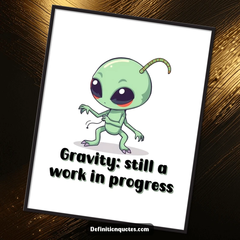 Funny Free Printable Wall Art: An alien with super long, floppy antennae trips dramatically over them, creating a comical scene.