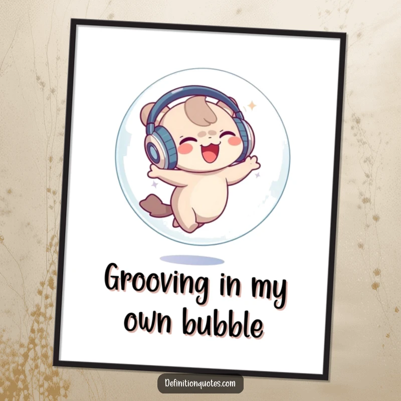 Funny Free Printable Wall Art: A little creature with oversized headphones joyfully dancing inside a transparent bubble, a vibrant and humorous art piece.