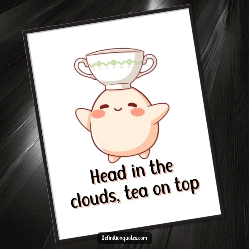 Funny Free Printable Wall Art: A small blob character gleefully attempting to balance a teacup on its head, a silly moment.