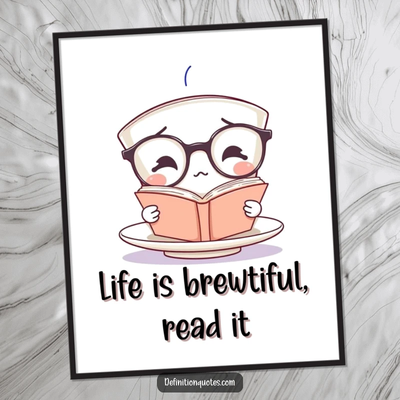 Funny Free Printable Wall Art: Confused teacup character, oversized spectacles, reading a tiny upside-down book, intellectual humor.