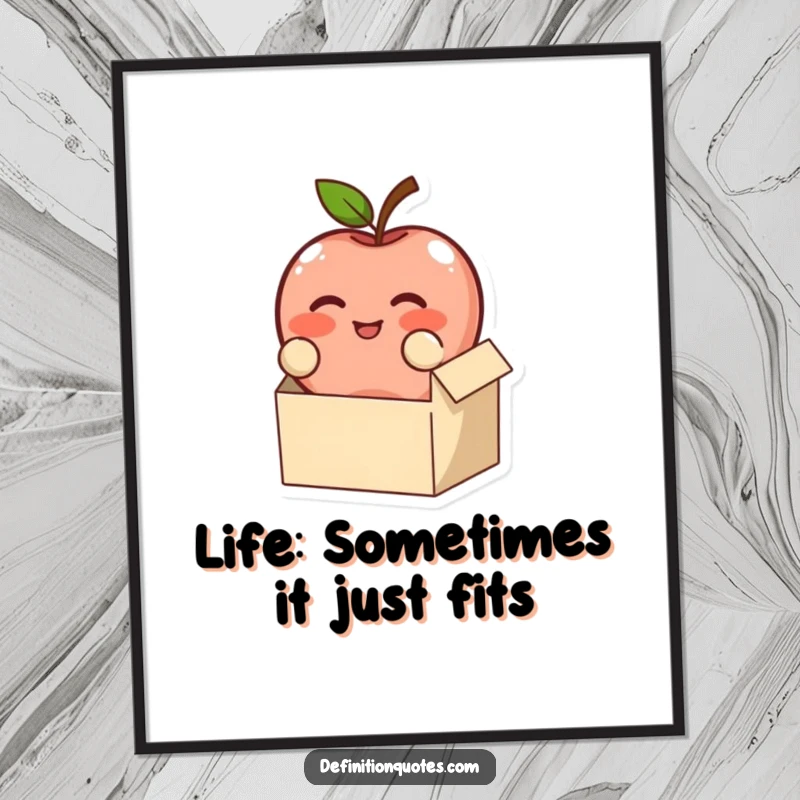 Funny Free Printable Wall Art: A blushing apple character comically struggles to fit into a very tiny box.