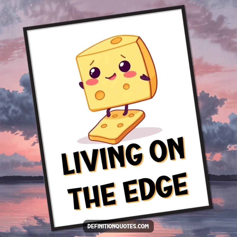 Funny Free Printable Wall Art of a giggling cheese wedge character attempting to balance on a single, wobbly cracker.