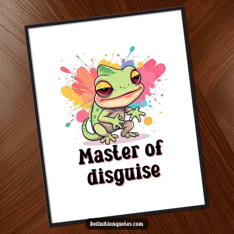 Funny Free Printable Wall Art of a sly chameleon character hilariously attempting to blend with a vibrant, abstract paint splatter.