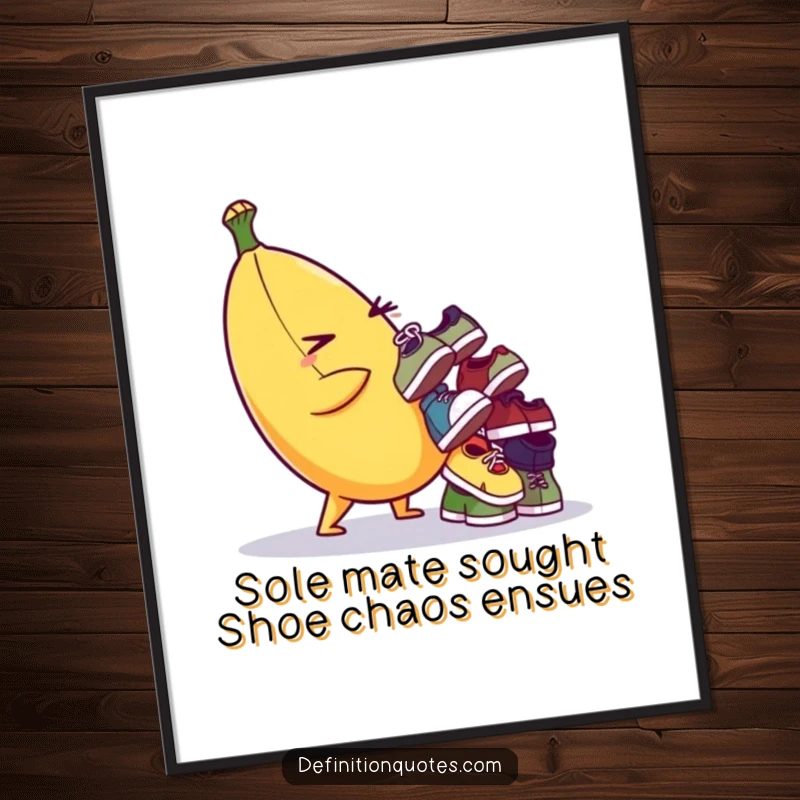 Funny Free Printable Wall Art: A plump banana character winks while balancing a teetering pile of tiny, mismatched shoes.