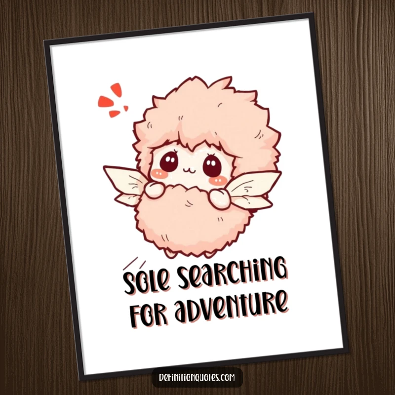 Funny free printable wall art: a bewildered fluffy slipper attempting flight with tiny paper wings, whimsical and dreamy decor.