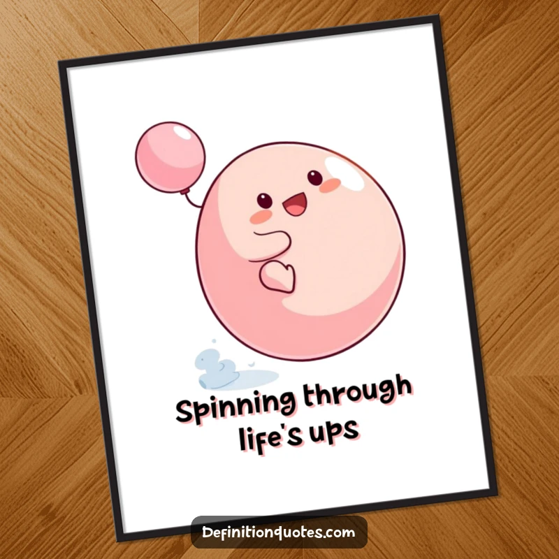 Funny Free Printable Wall Art capturing a small blob character's hilarious attempt to master riding a giant spinning top.