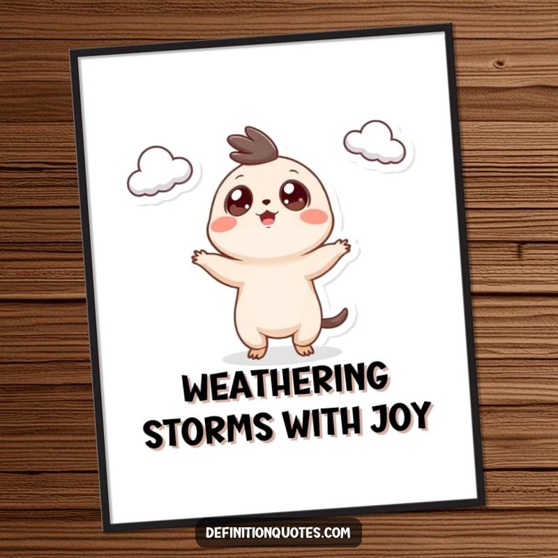 Funny Free Printable Wall Art: A tiny creature with googly eyes excitedly juggling three small clouds, a surreal and humorous art piece.