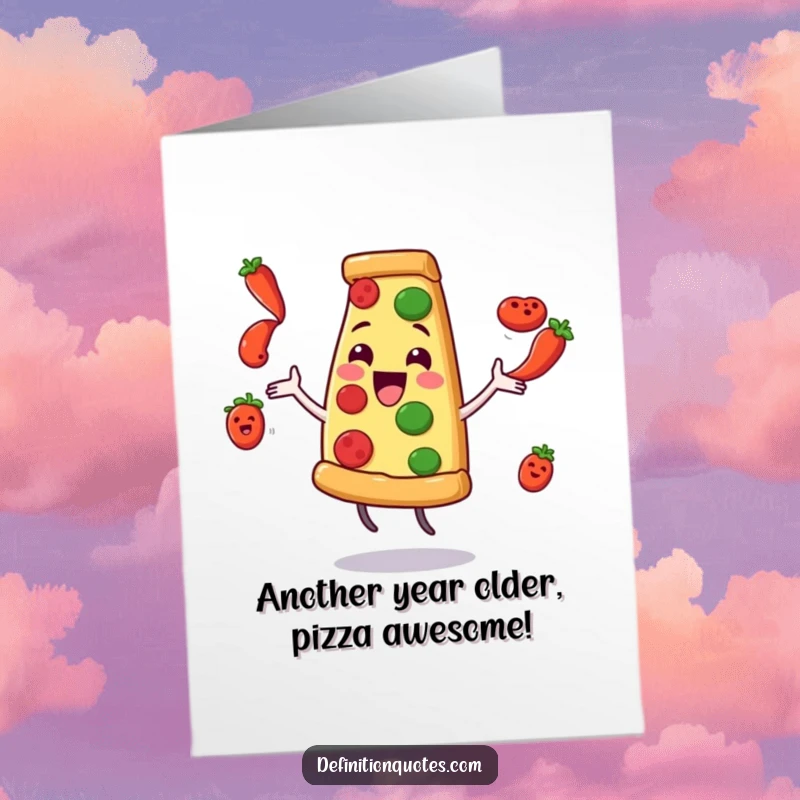 Funny free printable birthday card featuring a delighted pizza slice character comically juggling flying pepperoni, ready for a party.