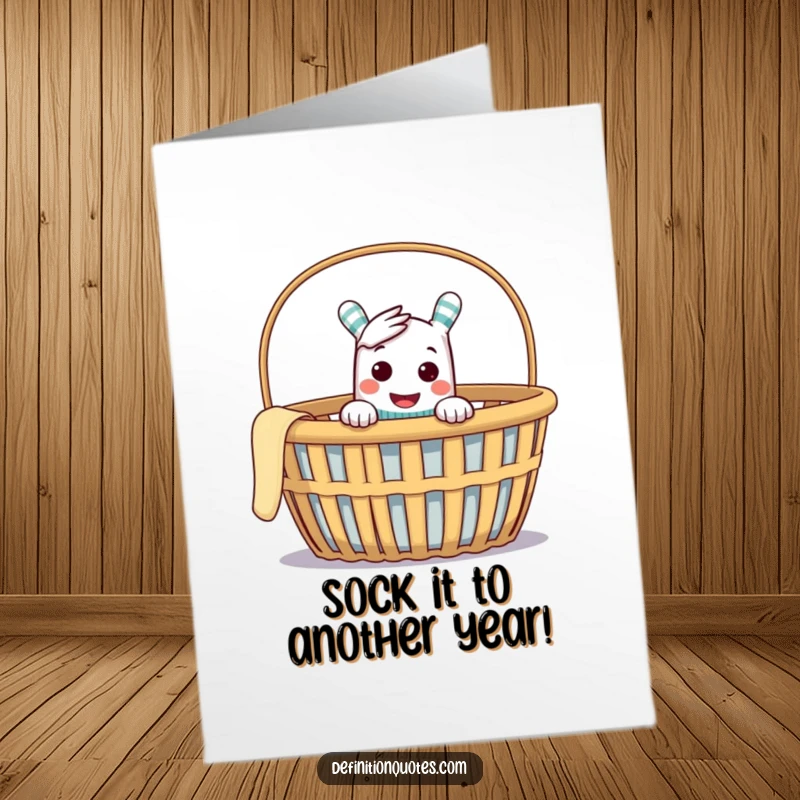 Funny Free Printable Birthday Card: Cheeky sock puppet peeking out of an empty laundry basket, plotting mischief.
