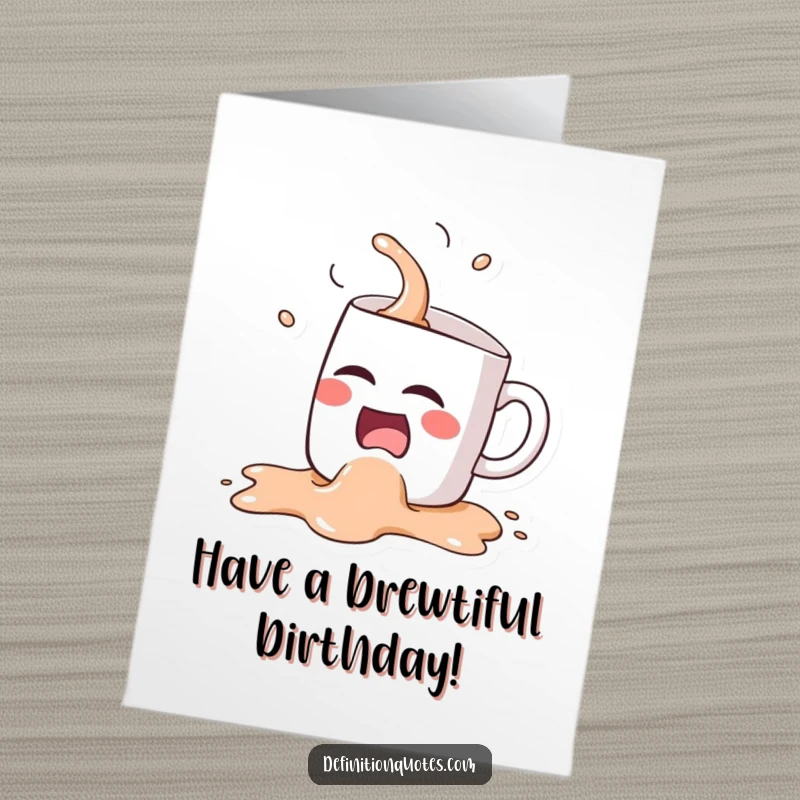 Funny Free Printable Birthday Card: Kawaii coffee mug character laughing hysterically, spilling its contents everywhere.