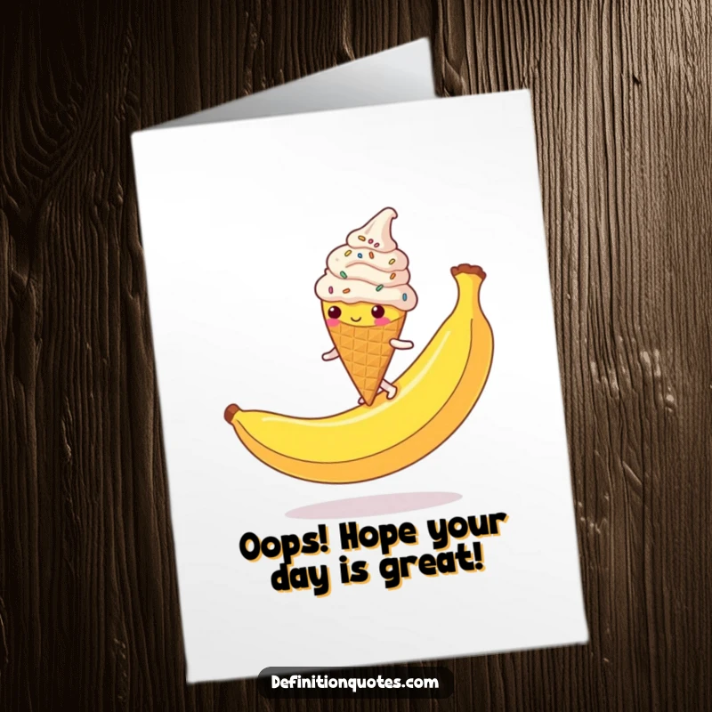 Funny Free Printable Birthday Card: Ice cream cone slips on banana peel, sprinkles flying, messy disaster.