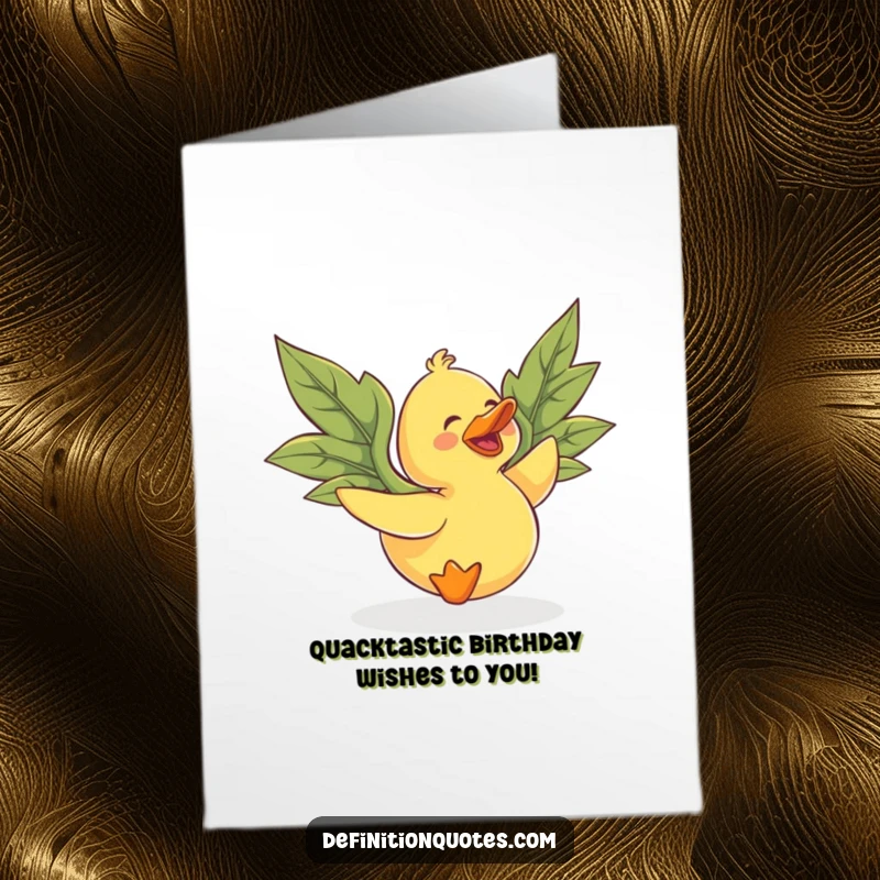 Funny Free Printable Birthday Card: Gleeful rubber duck, large mismatched leaf wings, attempting to fly, playful humor.