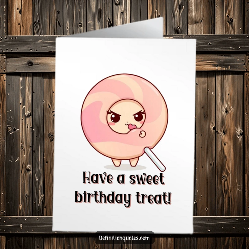 Funny Free Printable Birthday Card: Shy donut character peeking, giant licked lollipop, sweet and silly humor.