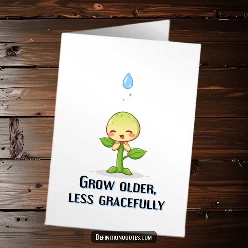 Funny Free Printable Birthday Card: A small, happy sprout performing a dramatic bow towards a single falling raindrop.