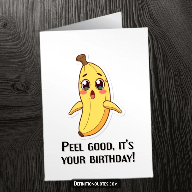 Funny Free Printable Birthday Card: Banana with wide eyes slips on its peel, unexpected humor.
