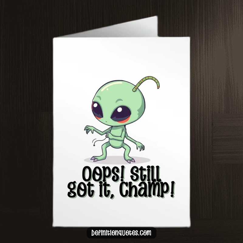 Funny Free Printable Birthday Card: A clumsy alien with long antennae trips over itself, looking surprised and comical.