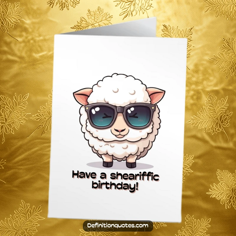 Funny Free Printable Birthday Card: A cute, fluffy sheep attempting to wear ridiculously oversized sunglasses.