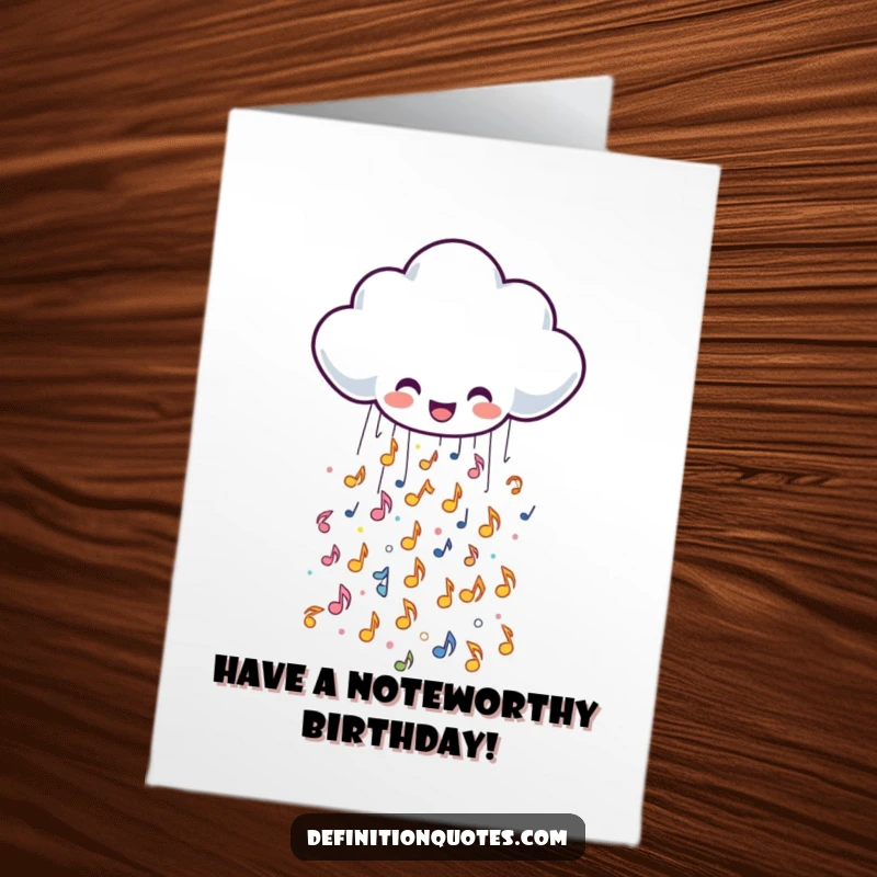 Joyful Free Printable Birthday Card featuring a cheerful rain cloud spilling a cascade of tiny, sparkly musical notes.