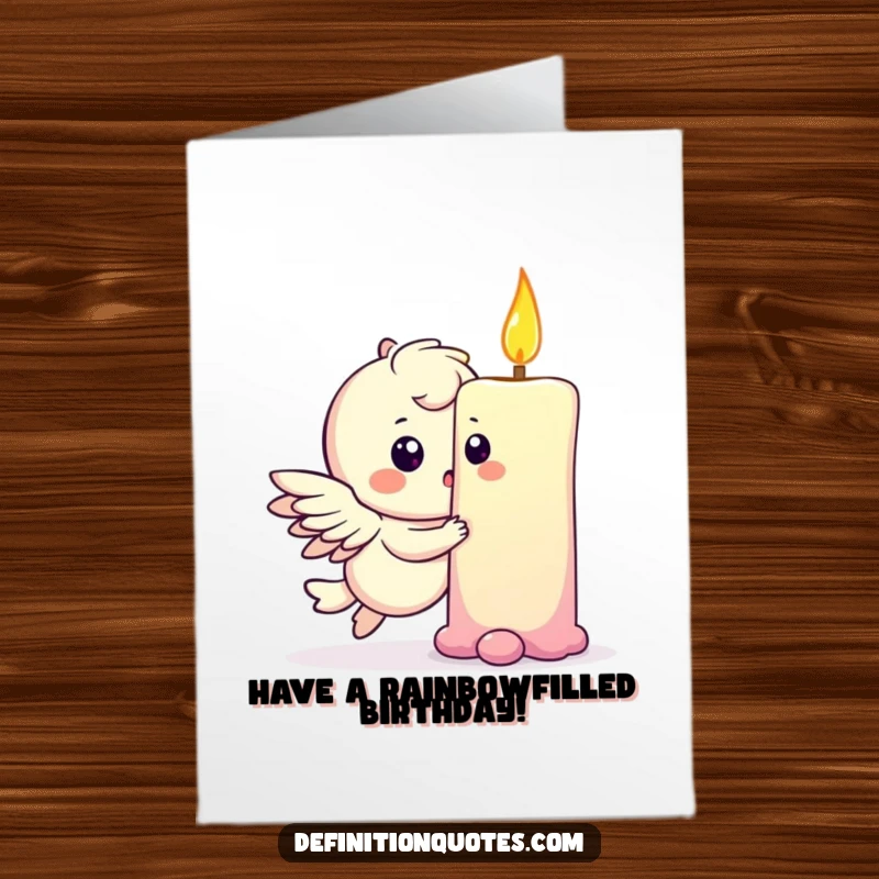 Funny Free Printable Birthday Card showing a winged character making a small dent in a vibrant rainbow, a playful impact.