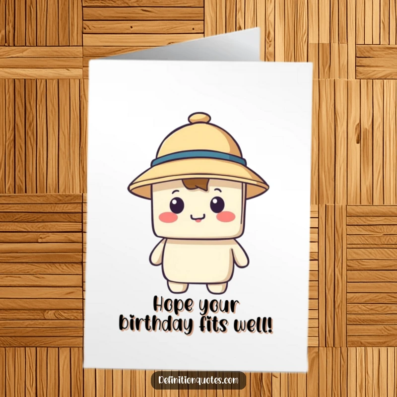 Funny Free Printable Birthday Card of a block character with a tiny hat obscuring its vision, a cute and comical struggle.