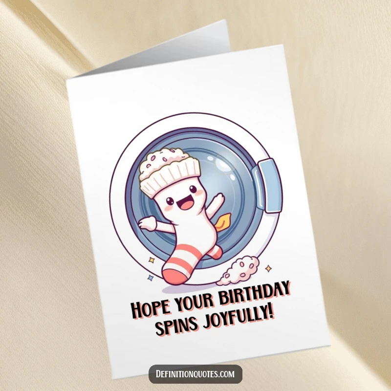 Funny Free Printable Birthday Card: Mischievous sock escaping spinning washing machine, trail of fluff, laundry humor.