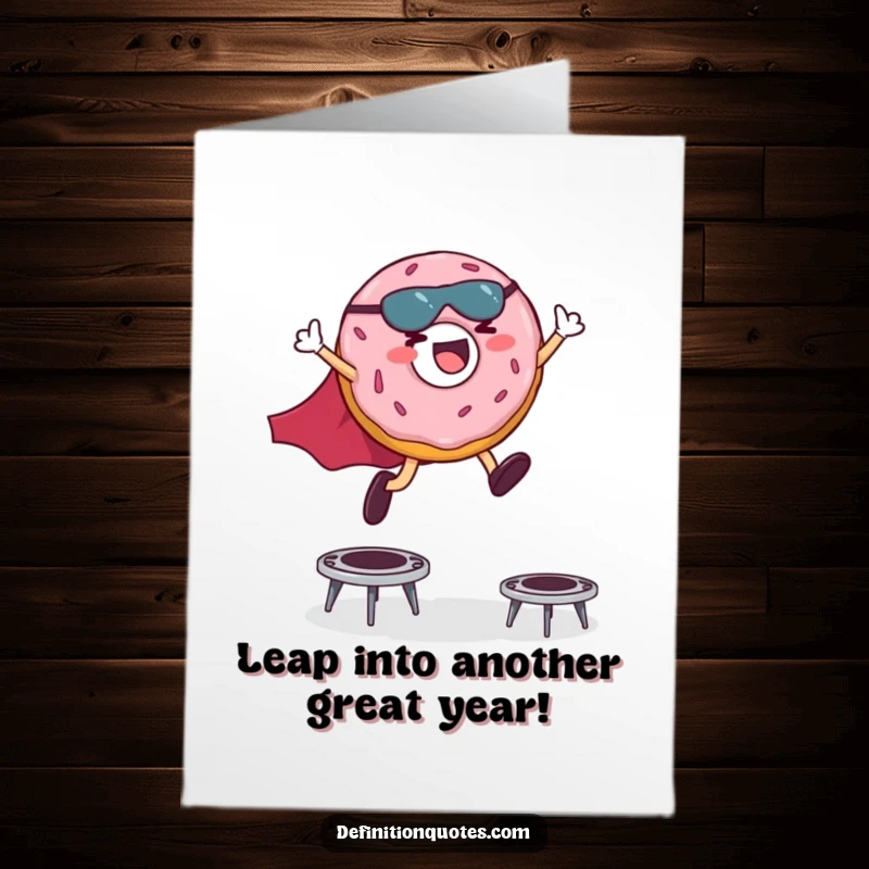 Funny Free Printable Birthday Card: Giggling donut in a cape leaping over trampolines, celebrating a super birthday.