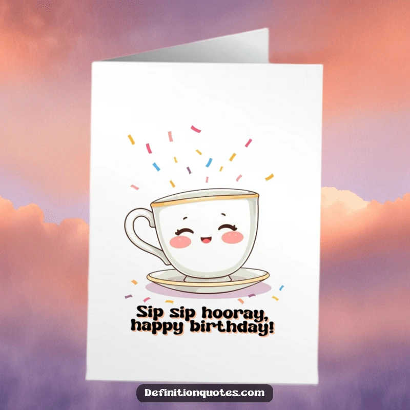 Funny Free Printable Birthday Card: Shy teacup character with rosy cheeks hides from raining confetti.