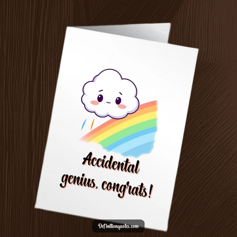 Funny Free Printable Congratulations Card showing a surprised little cloud marveling at a beautiful rainbow it unexpectedly created.