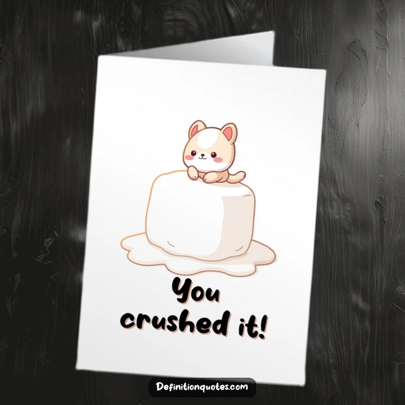 Funny Free Printable Congratulations Card: A cute animal character slipping and sliding on a giant, melting marshmallow, a comical fall.