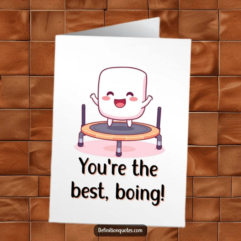 Funny Free Printable Congratulations Card featuring a gleeful marshmallow enthusiastically bouncing on a small trampoline.