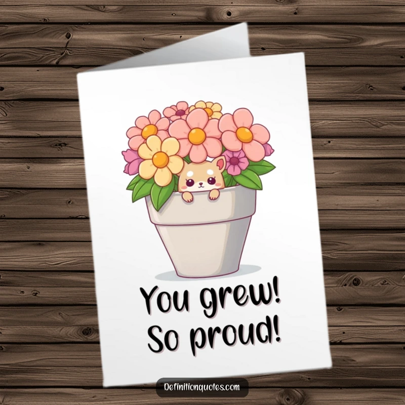 Funny Free Printable Congratulations Card: A small creature curiously emerges from a massive flower pot, perfect for celebrating big wins.