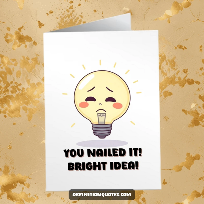 Funny Free Printable Congratulations Card: A confused lightbulb character bounces energetically, celebrating a grand success.